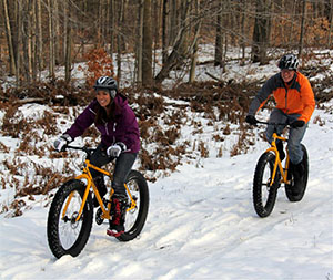 Fat tire bikers following a trail in winter.
